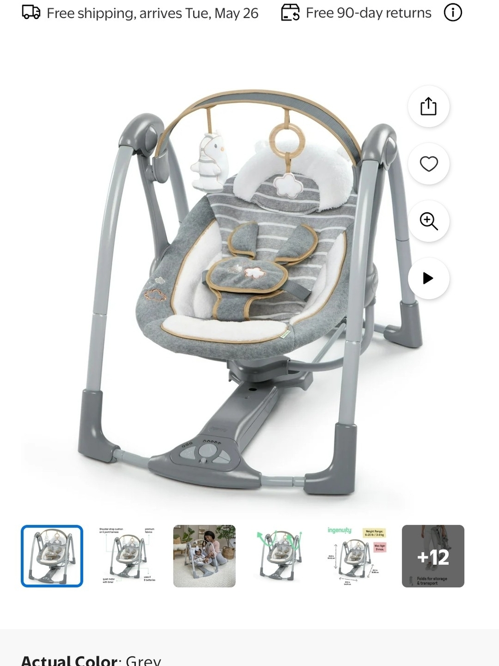 Grey Baby Swing and Bouncer with Toy Bar - Brand: